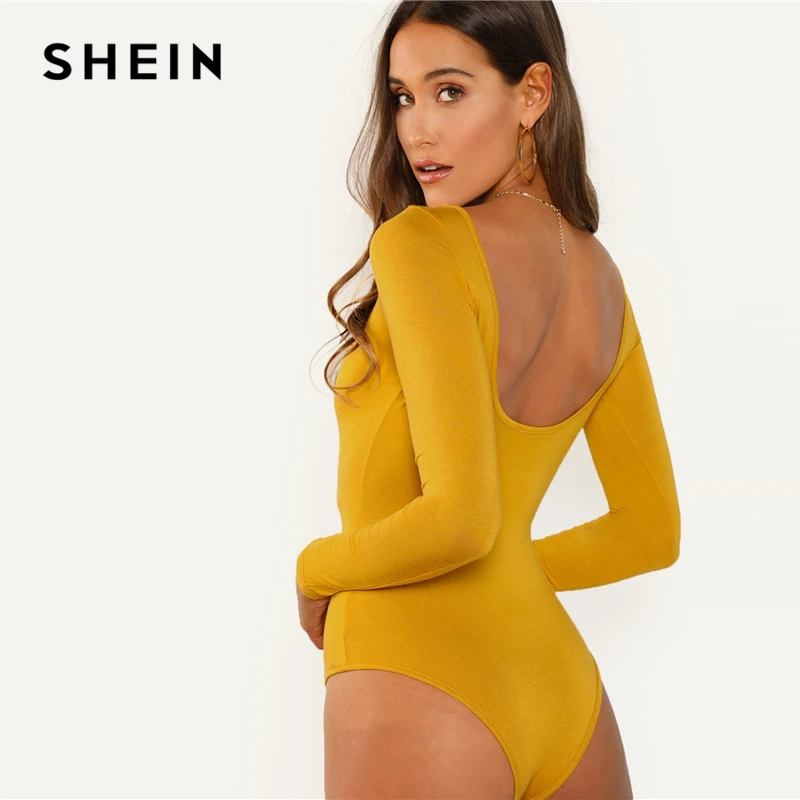 SHEIN الزنجبيل عارضة سكوب عودة سكوب الرقبة طويلة الأكمام الصلبة نحيل Bodycon 2018 الخريف أنيقة الحديثة سيدة صدريات النساء داخلية