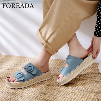 

FOREADA Women Shoes Summer Slippers Natural Genuine Leather Platform Wedge Heels Shoes Sheepskin Buckle Open Toe Slides Sandals