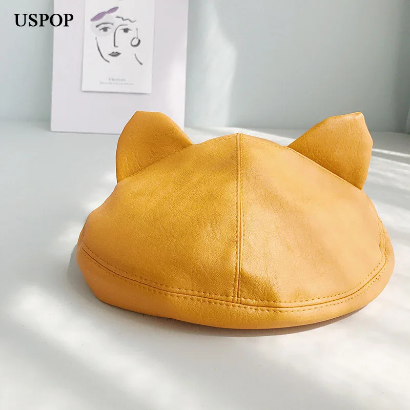 

USPOP 2019 PU berets women new autumn winter hats female 3D cat ear berets adjustable solid color beret hat