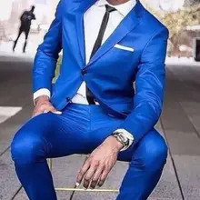 Куртка+ брюки+ галстук+ носовые платки) Королевский синий 2 кнопки для мужчин классный костюм мужчины, выполненный на заказ Модные смокинги Новое поступление приталенный костюм