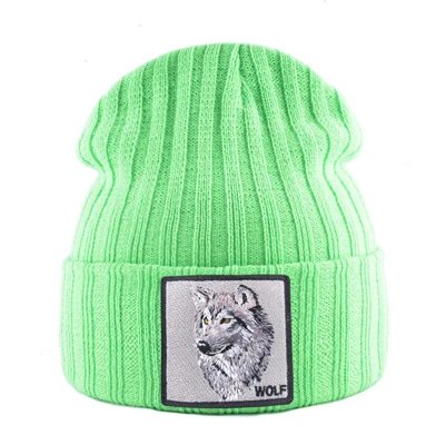 Мужская шапка с волком патч осенние вязаные шапки Skullies женские зимние мягкие вязаные береты бини модные хип хоп Gorras шапки - Color: Green