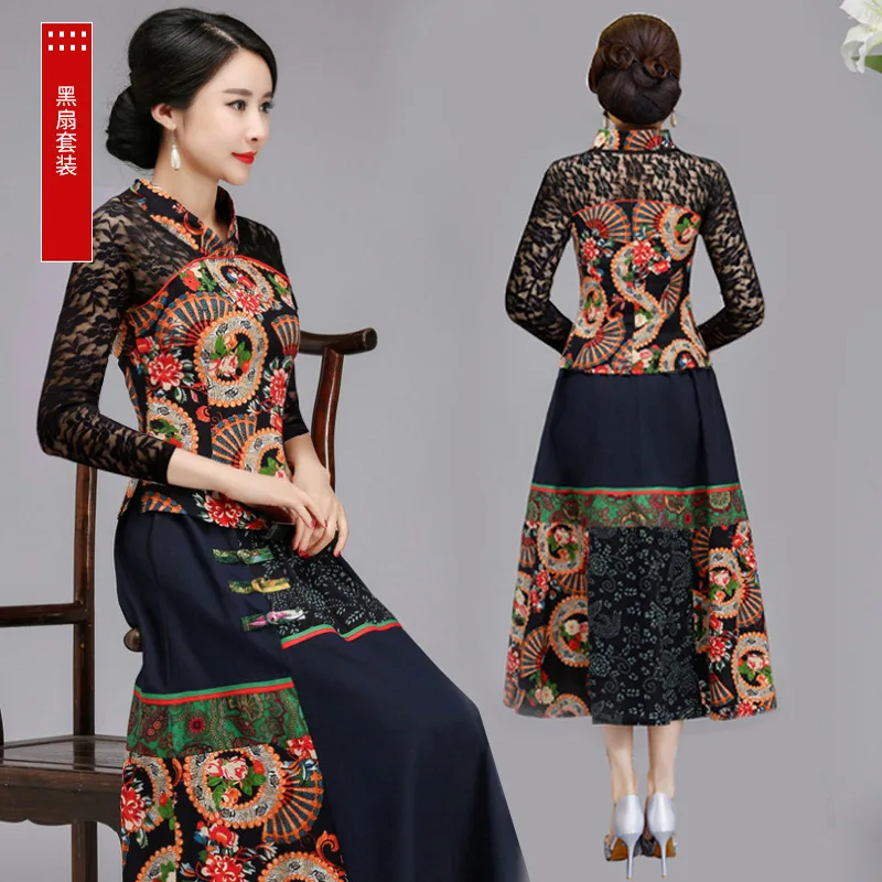 Модный комплект из двух предметов, элегантная одежда 2019 в китайском стиле для женщин, плюс размер 6XL, печать лен хлопок, костюм Тан