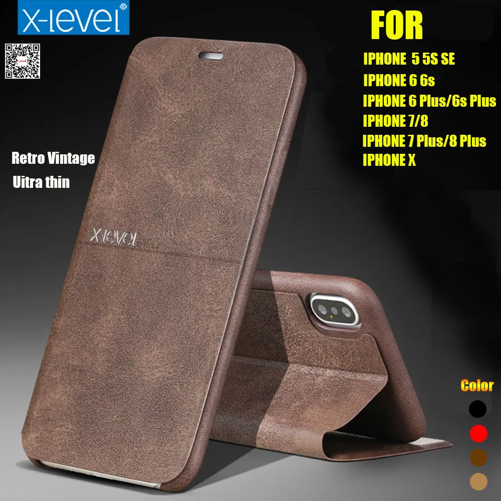

X-Level Extreme Flip Leather Case For iPhone X XR XS Max Retro Vintage Book Wallet Cover For iPhone 11 7 Plus 8 Plus 6S Plus 5s