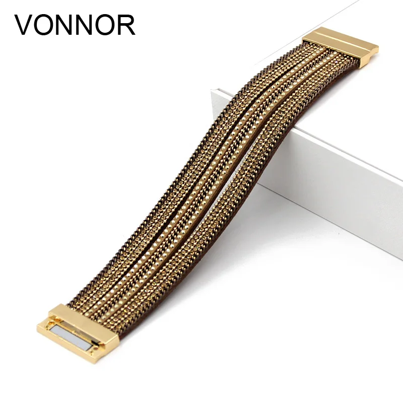 VONNOR Jewelry Woman Multi-layer Velvet Ribbon Rhinestone Chain Bangle Bracelet with Magnet Clasp Gold&Gray Bracelets for Female