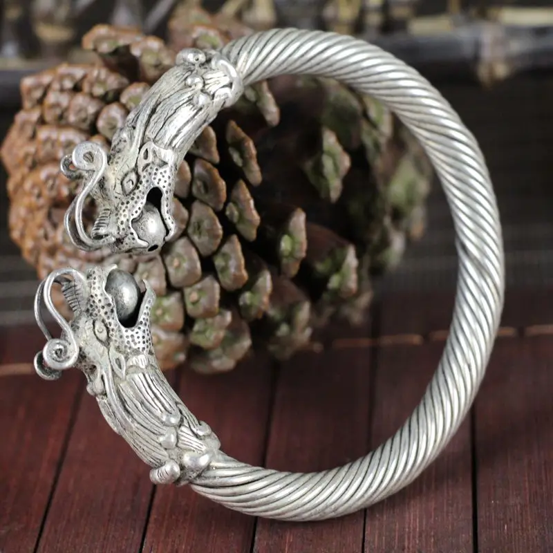 

China old silver copper headed Double dragon Opera Ball Silver Bracelet