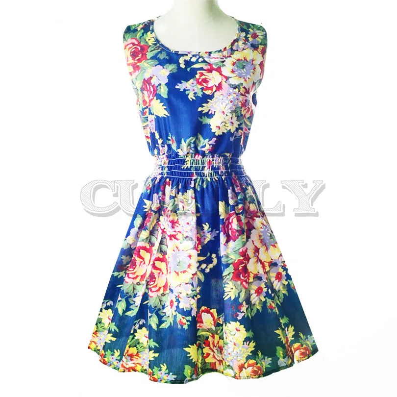 

Cuerly Woman Beach Dress Summer Boho Print Clothes Sleeveless Party Dress Casual Short Sundress Plus Size Floral Dress 2019 L4