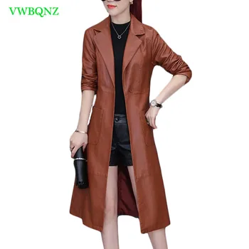 

New Autumn Winter Pu Leather Jacket Cool Women Korean Slim Long Motorcycle Leather Jacket Women's Plus size Brown Overcoat A225