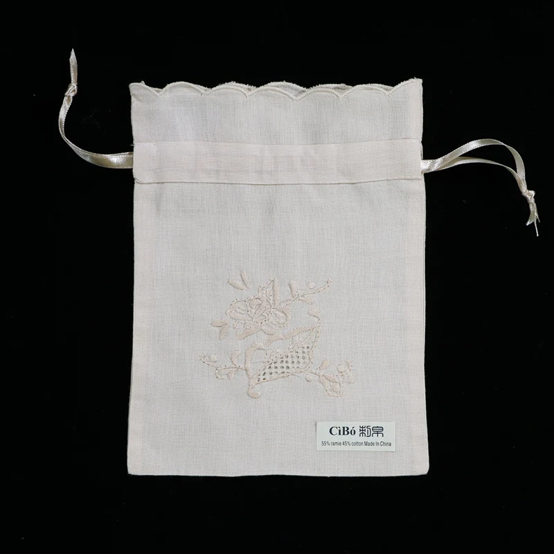 

B003 : 12 pieces Beige Ecru ramie/cotton drawstring hand embroidery gift bags, 6x8 inches sachet bags, travel pouch, linen bag