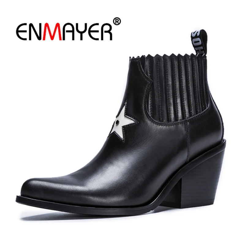 

ENMAYER Pointed Toe Wedges High Heels Women's Boots Casual Fashion Sewing Winter Black Ankle Boots Elastic band Women Boot CR678