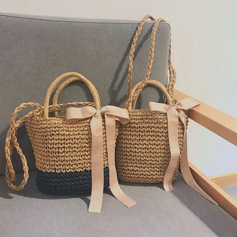 

Summer Women Handbag Straw Bag Bohemian Beach Bag Rattan Woven Handmade Bow Large Capacity Totes Women Shoulder Bag