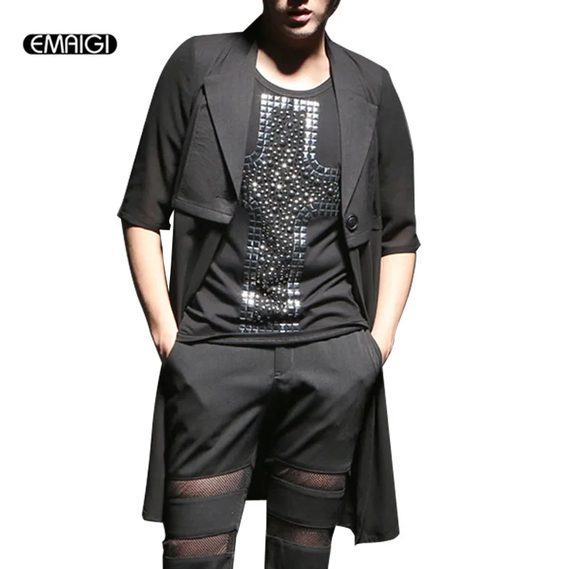 

Summer New Chiffon Splice Men's Long Cardigan Trench Coat Men Slim Half Sleeve Fashion Casual Trench Jacket