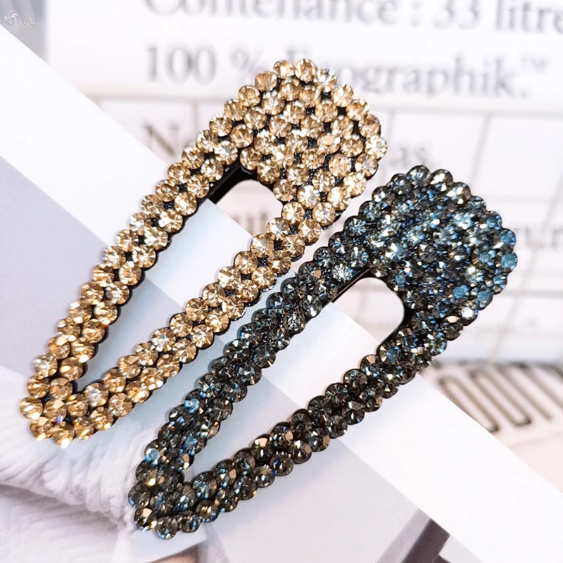 

AOMU Korea Chic Luxury Crystal Metal Hairpins Women Shiny Solid Color Rhinestones Waterdrop Shape Hair Clips Hair Accessories