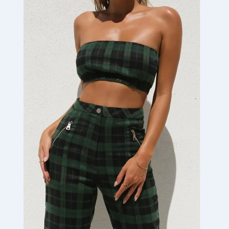 

New Women's Bodycon Strapless Crop Tops Pencil Pants Sexy Plain Tube Pants Women Suits
