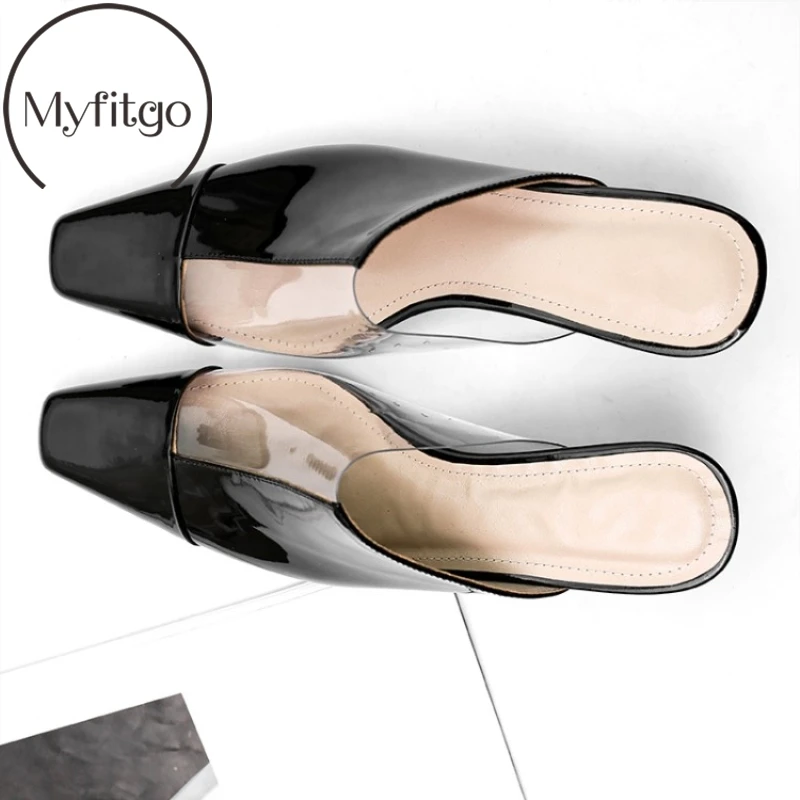 

Sexy Women Slippers Shoes Clear Patent Leather PVC Female Mules Med Heels Strange Heel Ladies Shoes Square Toe Slides on Shoes