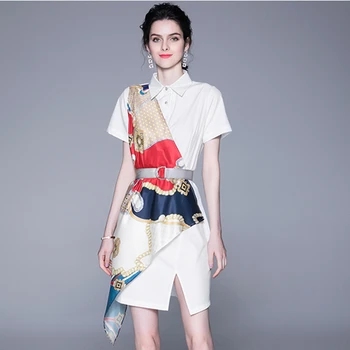 

Summer Dress Women A-line Silk Scarf Retro Print Color Collision Stitching 2019 New Temperamental Fashion Classic Sashes Slim