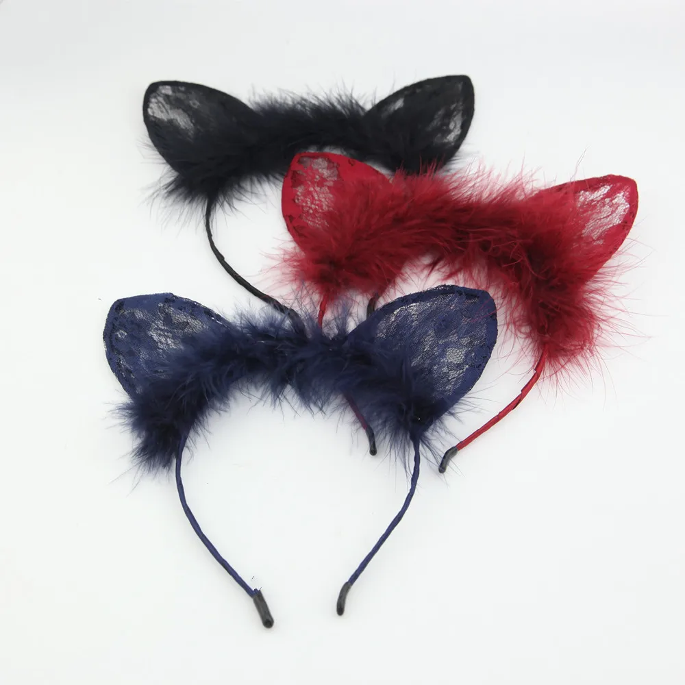 cheap Sequin Lady Girl Cat Headbands Animal Ear Head band Feather Lace Party Head Wear Cosplay Christmas Halloween Navidad