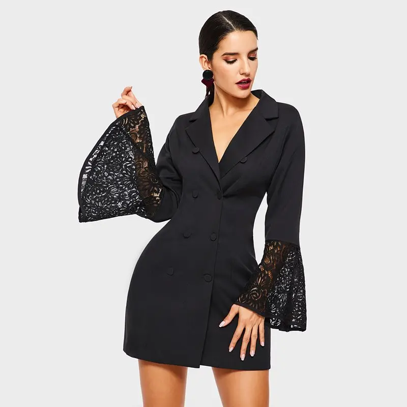 Sexy Blazer Women Black Plus Size Lace Long Flare Sleeve Business Coat Autumn New Elegant Overcoat Female Vintage Office Outwear