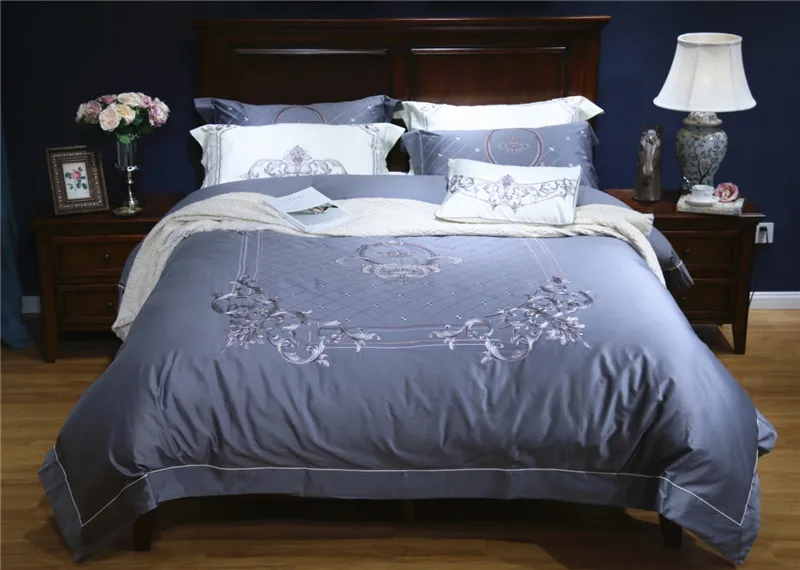 

European style Egyptian cotton gray white bed linen set Embroidery bedding sets/bedclothes queen king size duvet cover sheet set