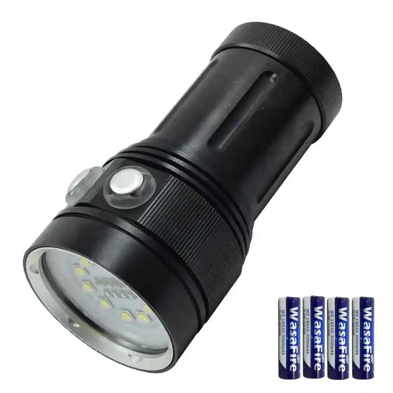 WasaFire LED Diving Flashlight 10 x XML L2 White + 4 x Red + 4 x UV/Blue Light Photography Fill Light With 4pcs 18650 Battery