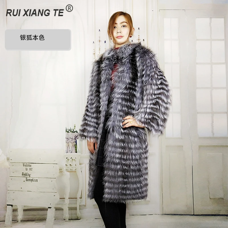 Women real fox fur coat silver fox coat vest stander collar fur coat luxury fashion fox striped coat for warm winter RuiXiangTe