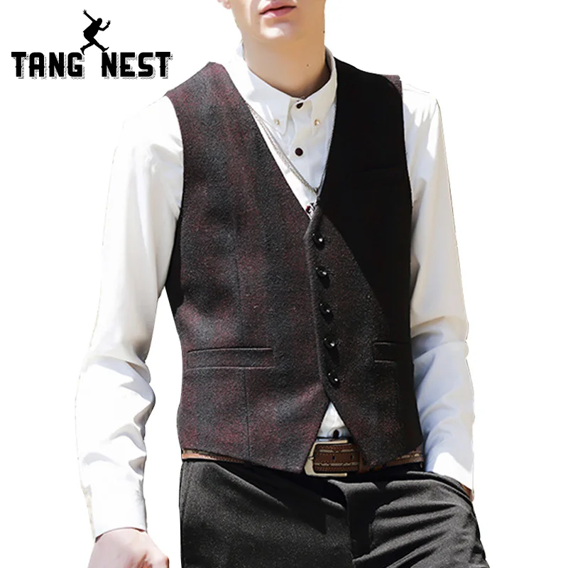 TANGNEST 2017 Stylish Blazer Men Plaid Vest Fashion Casual Male Asian
