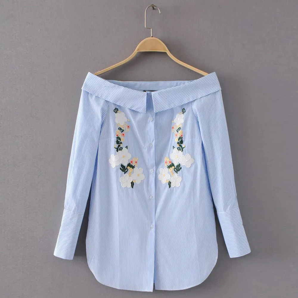 

FIRSTTO Sweet Floral Embroidery Blouse Striped Contrast Color Off the Shoulder Slash Neck Shirt Long Sleeve Women Tops Brand