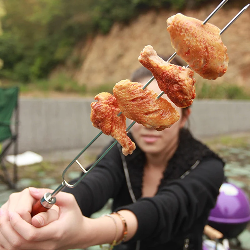 New 6pcs/set U-shaped Barbecue Needle Skewers with Wooden Handle Stainless Steel Forks Outdoor Camping Accessories Cooking Tool