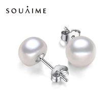 

[YKIN] 8-9mm 9-10mm Big Natural White Pearl Studs Earrings Shinny Crystal Earrings 925 Sterling Silver Earrings
