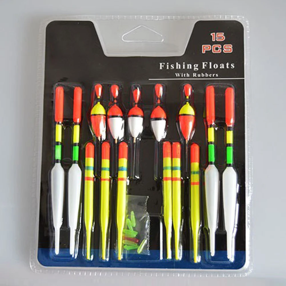  1 set (15Pcs)  Vertical Buoy Sea Fishing Floats Assorted Size for Most Type of Angling with Attachment Rubbers Fishing Lures