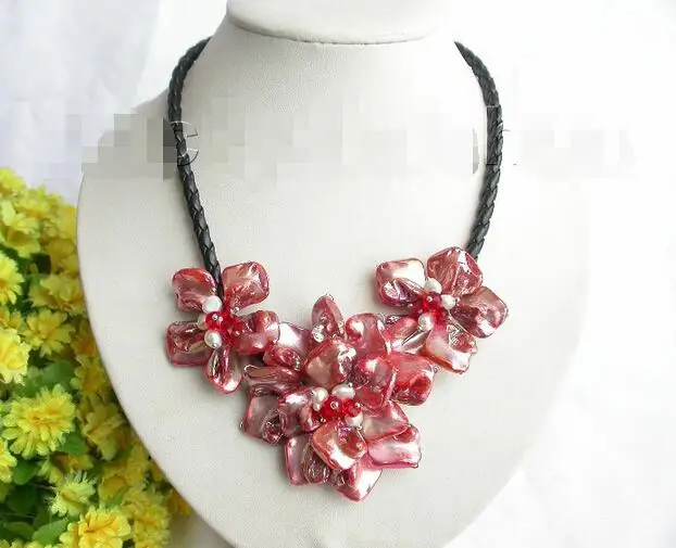 

Free Shipping >>>handcraft bloom red seashell pearls crystal choker leather necklace j7765