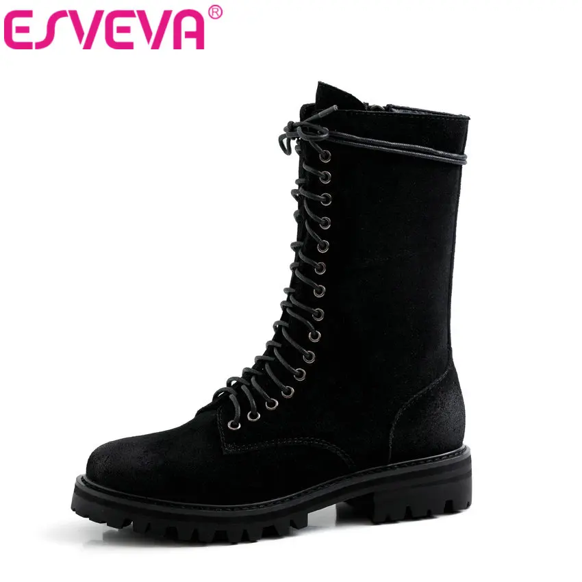 

ESVEVA 2020 Women Shoes Winter Ankle Boots Square Low Heel Lace Up Motorcycle Platform Fashion Platform Boots Size 34-39