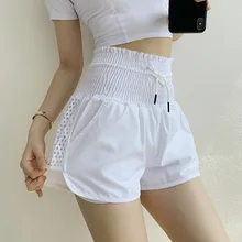 Luobolan Высокая талия с Кулиской штаны для бега спортивные шорты женские свободные подходят Плюс Размер Йога тренировки фитнес шорты с карманом