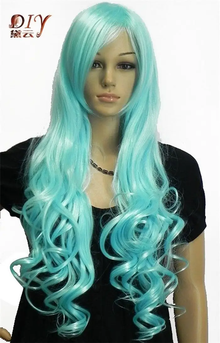 bjc 001697 Long Wig Women Lady Light Blue Wavy Hair Full Party Cosplay