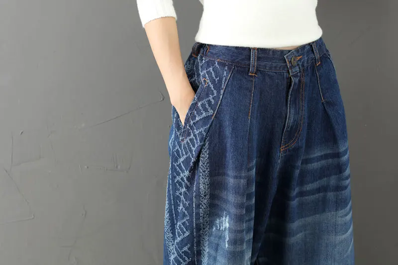 Широкие прямые джинсовые штаны с потертостями и дырками, женские брюки с эластичной резинкой на талии и длиной до щиколотки, Pantalon G101104