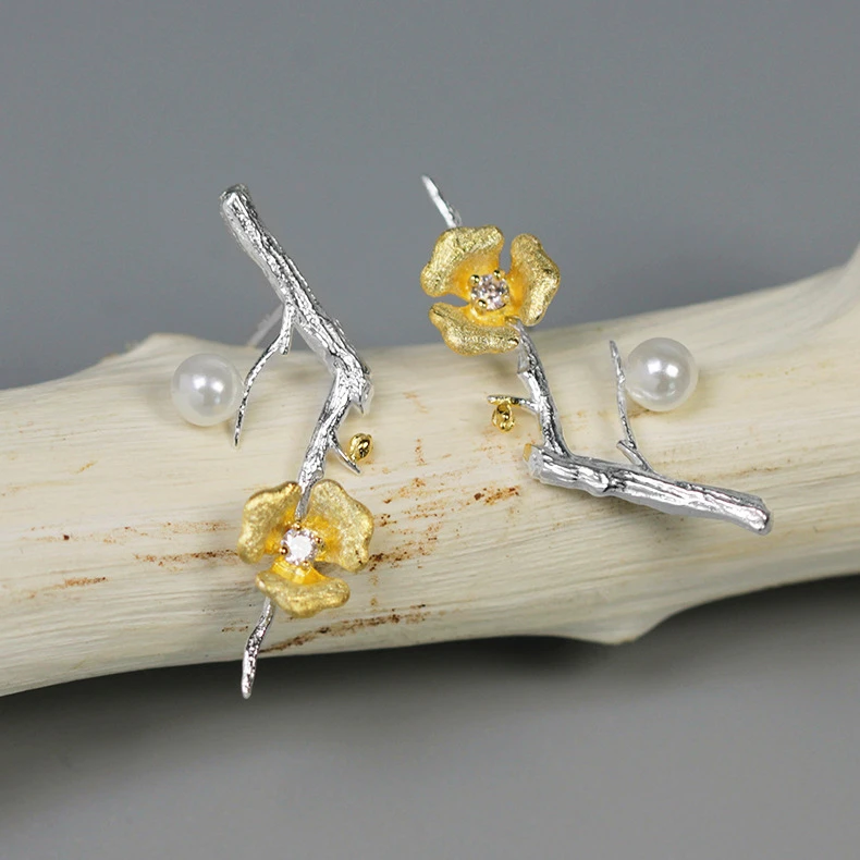 

INATURE 925 Sterling Silver Natural Pearl Flower Branch Stud Earrings For Women Fashion Jewelry Accessories