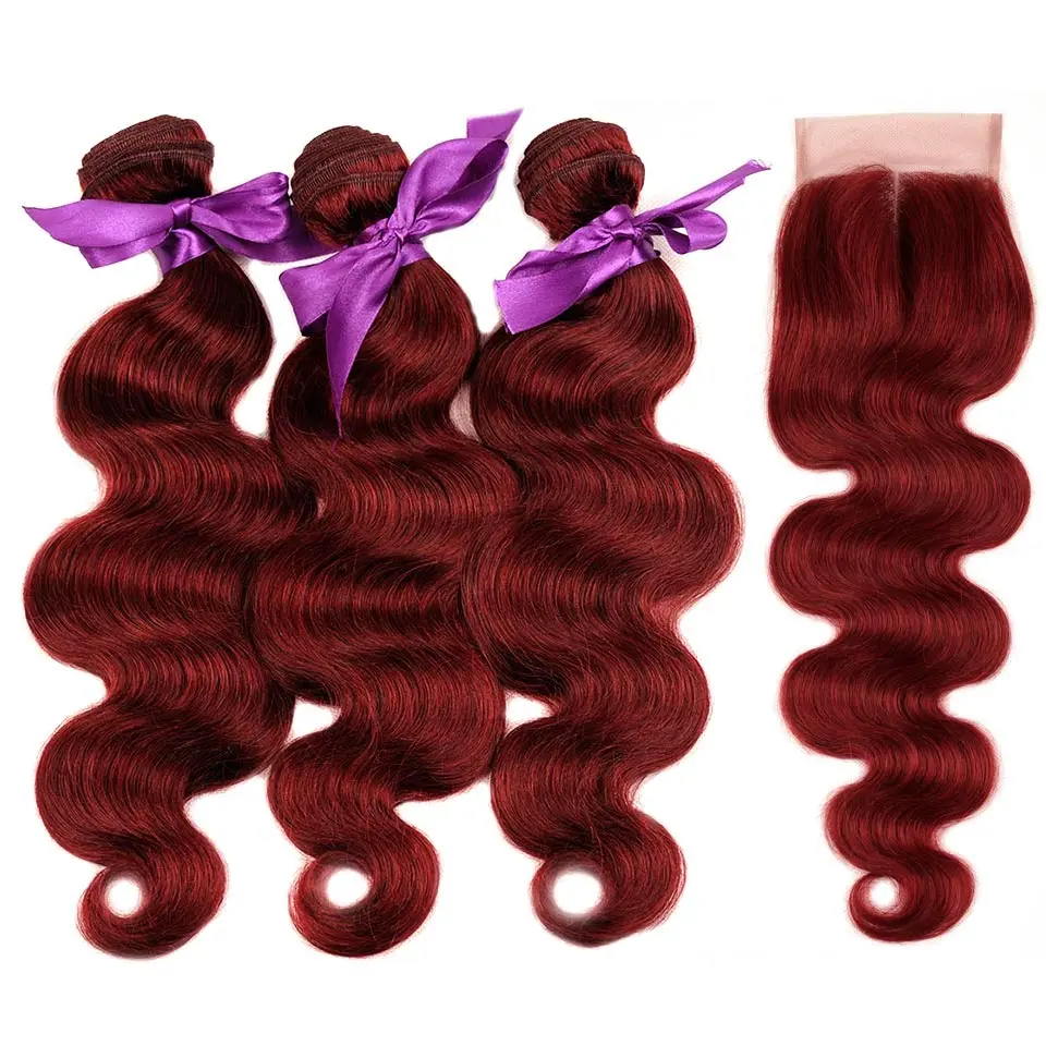 ShiningStar Бургундия пучок s с закрытием 99J Красная волна тела бразильские волосы плетение цветной пучок с закрытием человеческих волос Remy - Цвет: # 99J