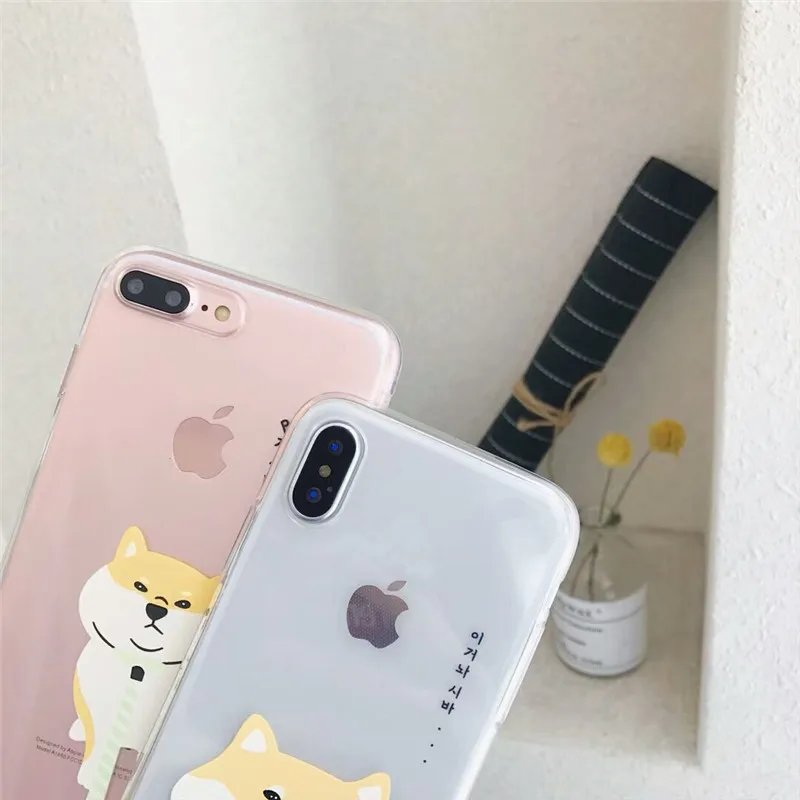 Cute Shiba Inu Clear Phone Cases For Iphone 8 8plus Iphone X 7 6 6s Plus Soft Tpu Korean Letter Cover Xs Max Xr Capa