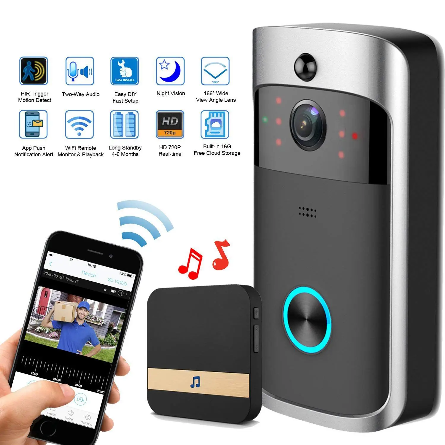 Wi-Fi видео звонок 720 P умный дом безопасности Камера 2-способ аудио, Ночное видение, широкоугольный объектив, Батарея Мощность долгого