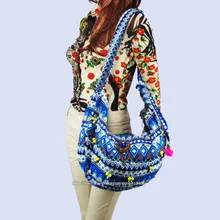 Винтажная сумка-мессенджер hmong Boho в этническом стиле, тайском и индийском стиле, сумка через плечо, сумка-хобо, сумка для покупок, сумка-шоппер с отделкой из бусин и помпонами, sys-1017