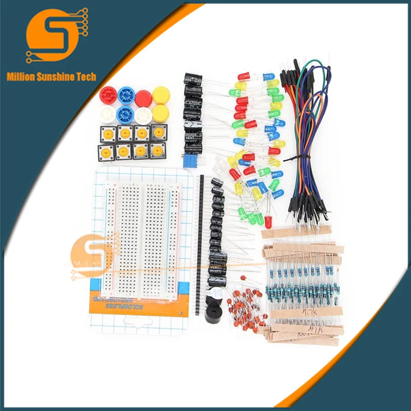

1 Set Components starter kit 400 point breadboard+30 x jumper wires+Resistor Kit + Capacitor Kit+2xbuzzer+LEDs with Plastic Box