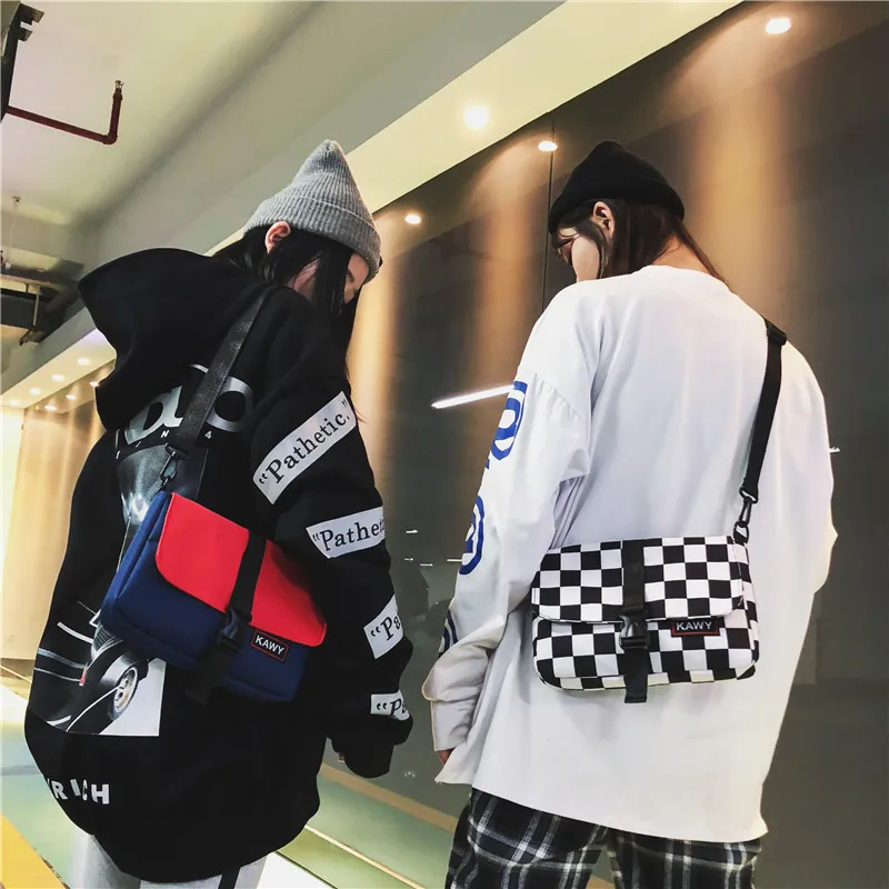 

Fashion Hot Unisex Canvas Handbag Contrast color Small Single Shoulder Bag Checkerboard Messenger Bags Women Designer Hip-hop