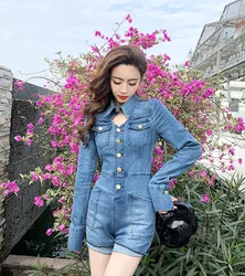 Sexy Denim Jumpsuit Playsuit Women Summer Korean Ladies Long Sleeves Bodycon Short Jeans Jumpsuit Romper Femal Denim Shorts Sexy Denim Jumpsuit Playsuit Women Summer Korean Ladies Long Sleeves Bodycon Short Jeans Jumpsuit Romper Femal Denim Shorts