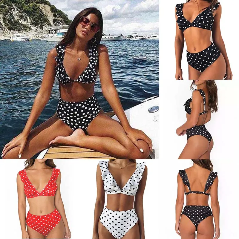 

Sexy Bikini Push Up Swimsuit Swimwear Women Bikini Set Two Piece Ruffled Black White Dots Beach Bathing Suit Swim Wear 2019 New