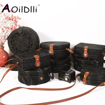 

Bali New Black Round Rattan Bags For Women Boho Beach Crossbody Bag Straw Handmade Woven Circle Shoulder Bag Female Handbags