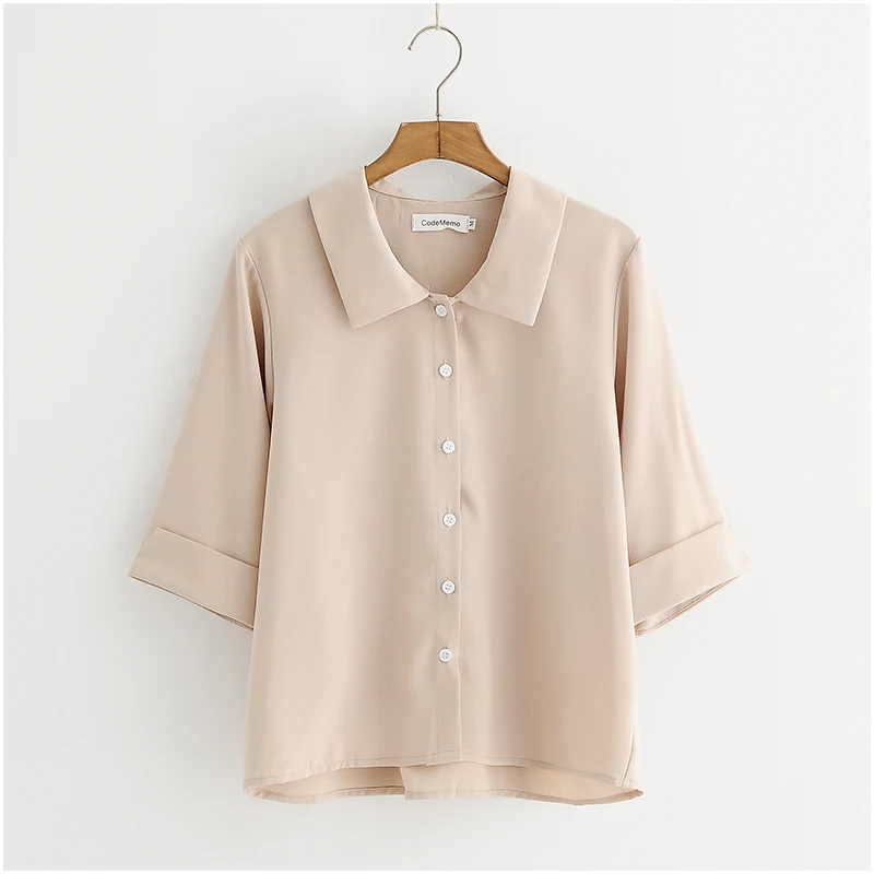 Summer Women Chiffon Blouse Turn Down Collar Solid Tops
