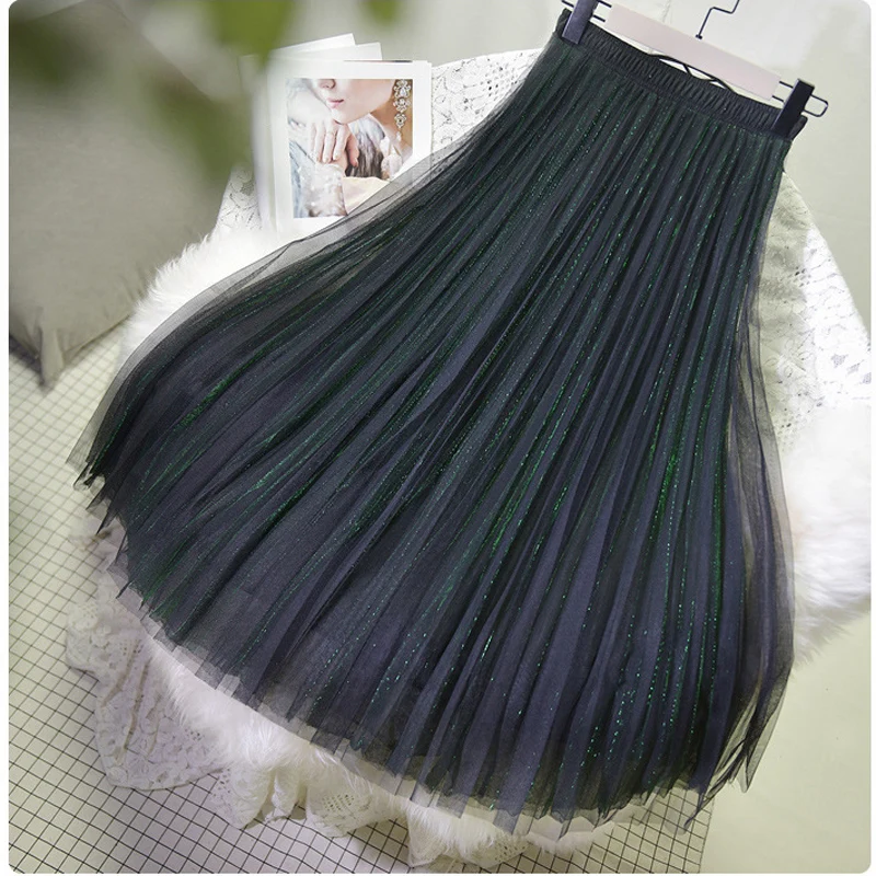 Women's 3 Layer Bright Tulle Skirt Ladies Korean High Waist Shining Tutu Skirt Pleated Mesh Midi Skirts Faldas Autumn - Цвет: Green