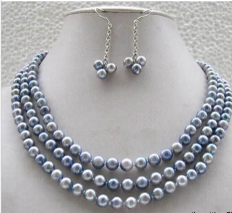 

Miss charm Jew.230 3 Rows Real Gray Grey Pearl 18KWGP Clasp Necklace Earrings