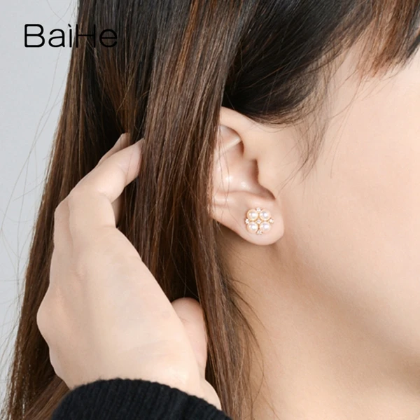 BAIHE Solid 14 K желтое золото 4 мм Круглый разрез натуральный пресноводный жемчуг свадебные модные ювелирные изделия подарок серьги-гвоздики