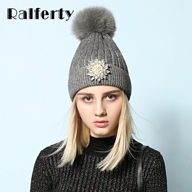 Ralferty, женская шапка с натуральным лисьим помпоном, вязаные кроличьи шапки Skullies, зимние шапки для женщин, шапки-бини с кристаллами, черная шапка