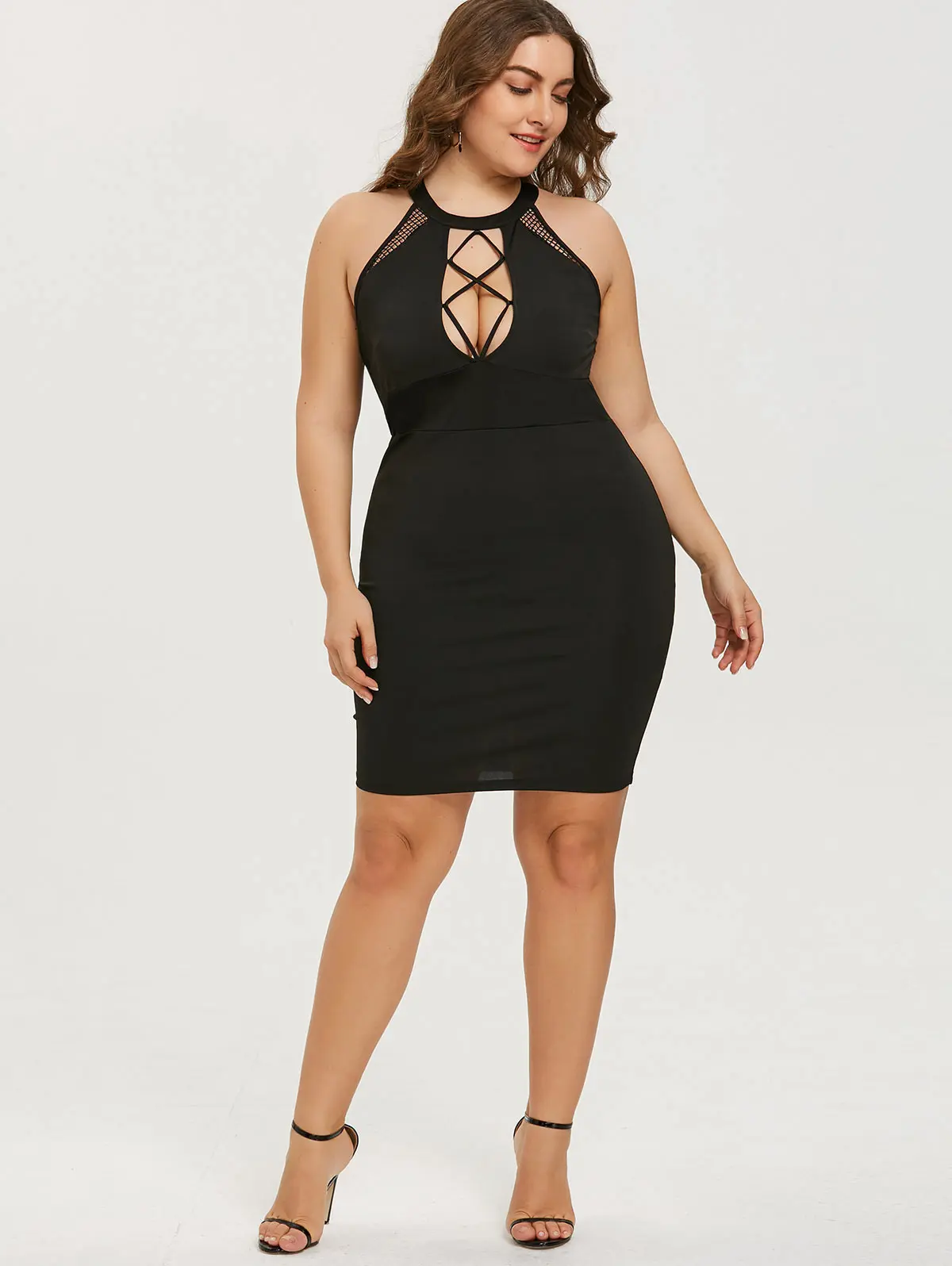 

ROSEGAL Women Plus Size Summer Dress Cut Out Sexy Club Party Dress Black O Neck Sleeveless Bodycon Mini Dresses Robe Vestidos